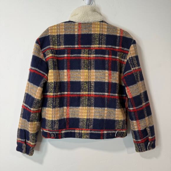 Levi's Women's Wool Trucker Jacket Plaid Red Blue Sherpa Snap Small - Picture 2 of 9